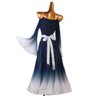 Back view of the navy lace yoke ballroom dress showing the satin bow at the waist