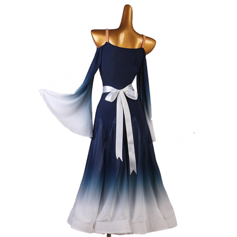 Back view of the navy lace yoke ballroom dress showing the satin bow at the waist