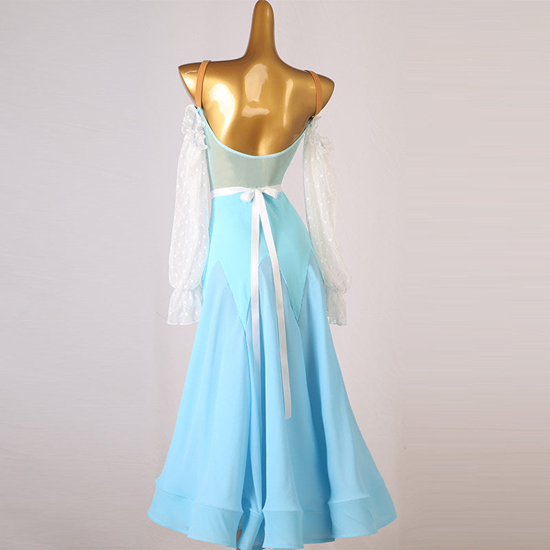 Back view of the light blue dance dress showing the satin sash streamers