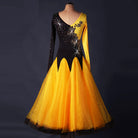 Golden amber ballroom competition dress with asymmetric embroidered bodice