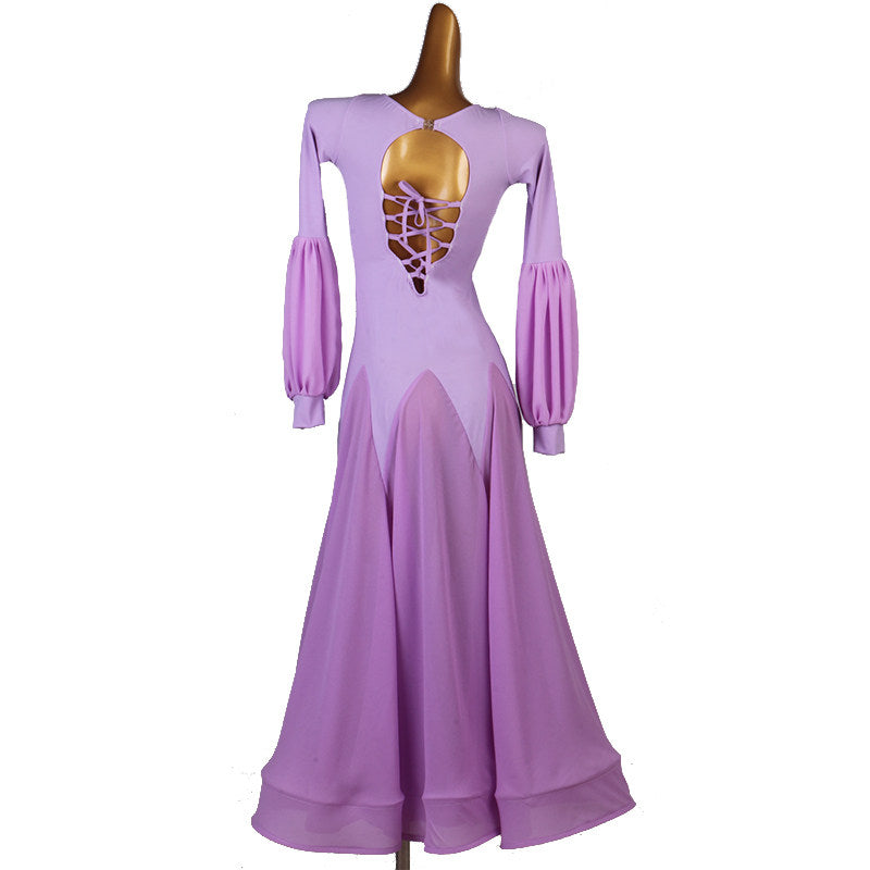 Lilac ballroom dance dress with corset laced open back and organza lantern sleeves