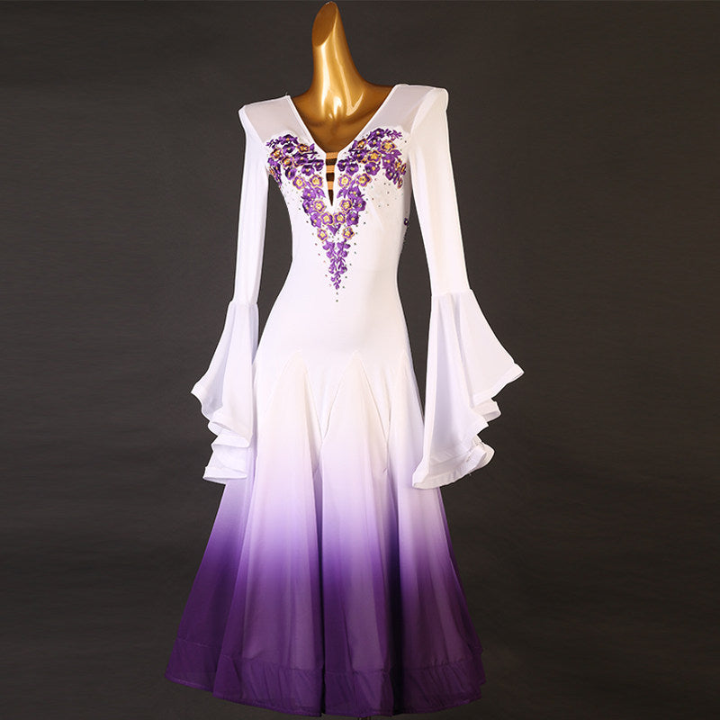 Beaded neckline ballroom dress with the handkerchief sleeves lifted