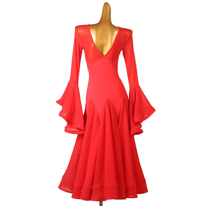 Back view of the red practice dress showing the deep V back