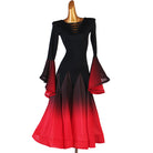 Black and red ombre ballroom dance dress with lace-up neckline and bell sleeves