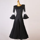 Black feather cuff ballroom dress front view with the chiffon skirt hanging