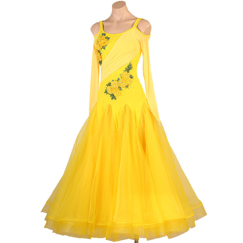 Yellow rose applique ballroom dress front view with the organza skirt spread