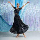 Black chiffon ruffle ballroom skirt opening through a turn