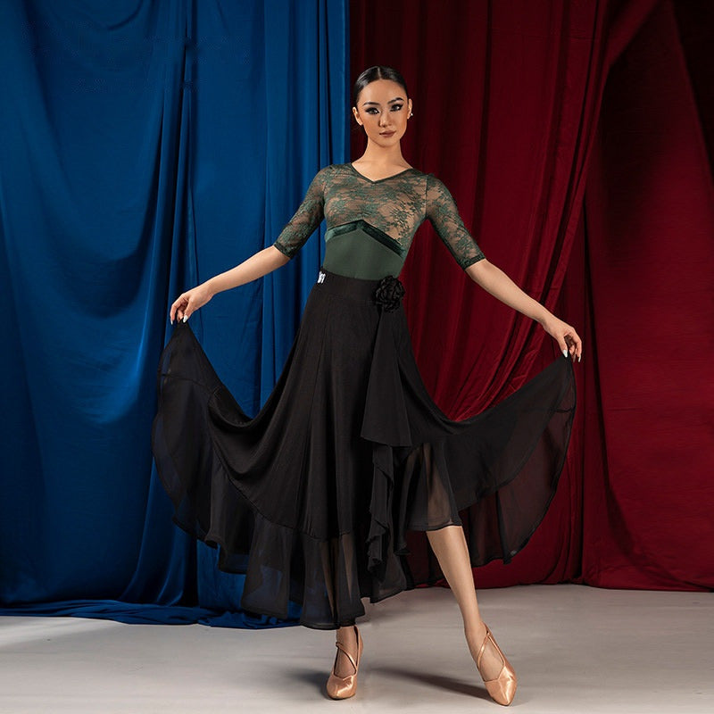 Black asymmetric ruffle ballroom practice skirt seen from the front