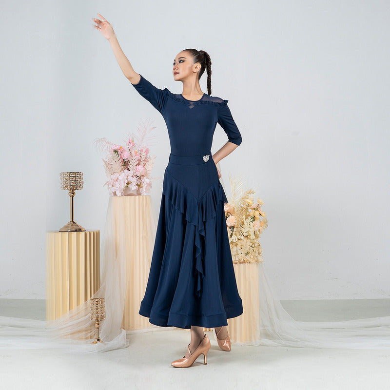 Navy full circle ballroom dance skirt with front ruffle cascade, full length view