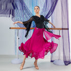 Fuchsia ballroom dance skirt with side rosette sash and wavy ruffle hem, full length front view