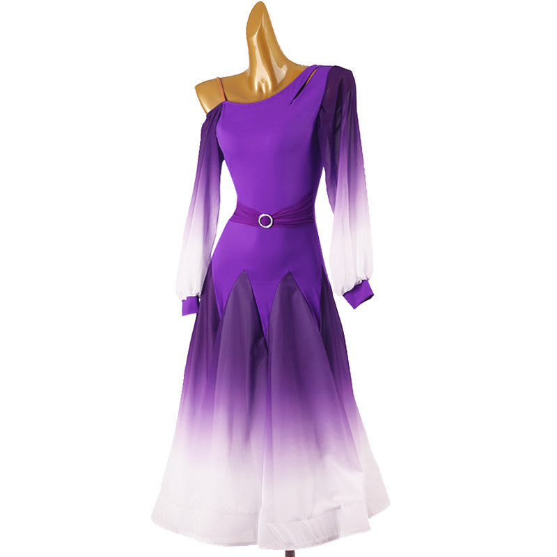 Purple ombre ballroom dress front view with the chevron skirt hanging