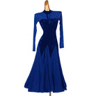 Royal blue velvet ballroom dance dress with mesh shoulders and full chevron skirt