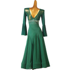 Green ballroom dress back view showing the deep mesh V back