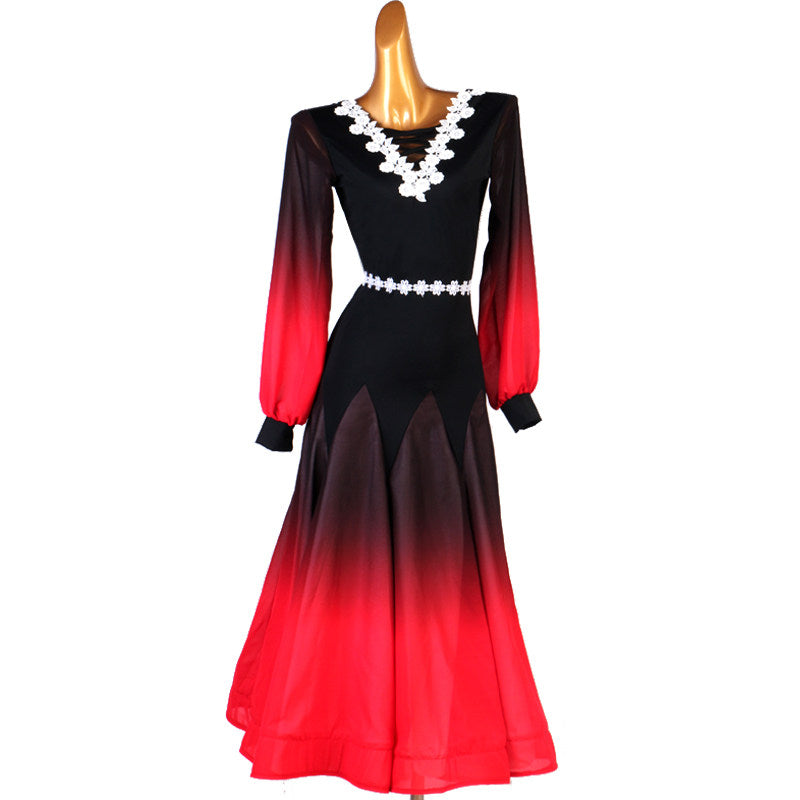 Black to red ombre dance dress front view with lantern sleeves hanging