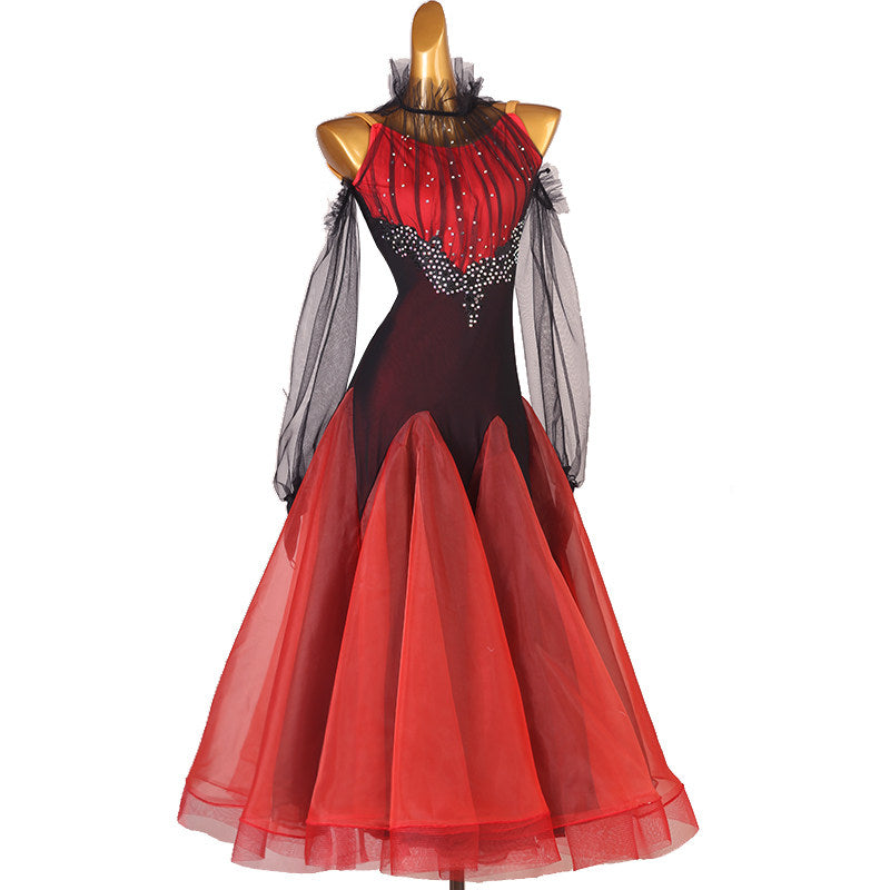 Black and red ballroom dance dress front view with the tulle skirt spread