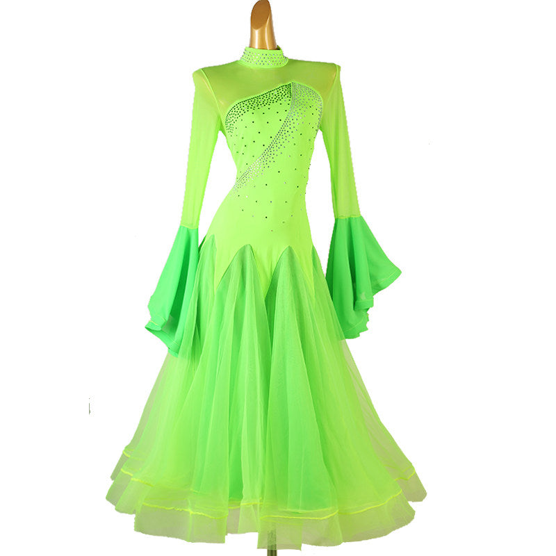 Neon green competition dress with the godet skirt hanging straight