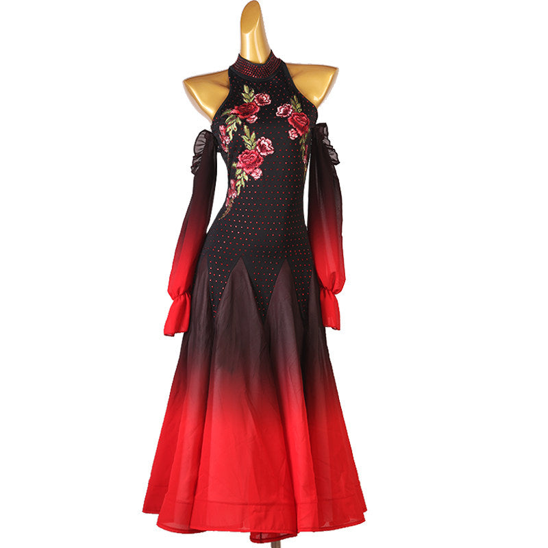 Black and red rose embroidered halter ballroom dance dress on mannequin