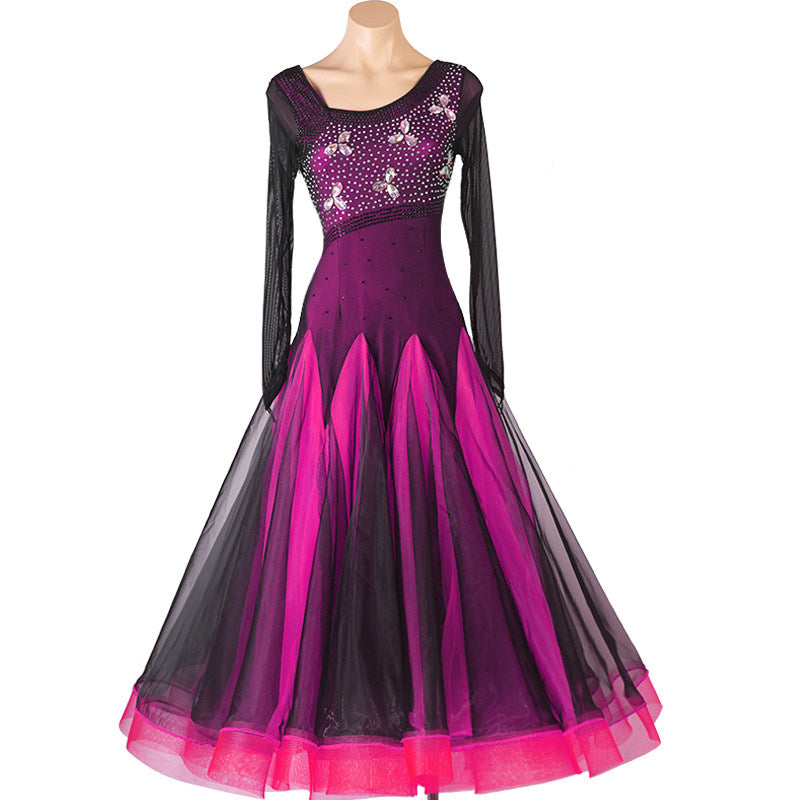 Fuchsia version of the beaded floral ballroom dance dress with black mesh overlay