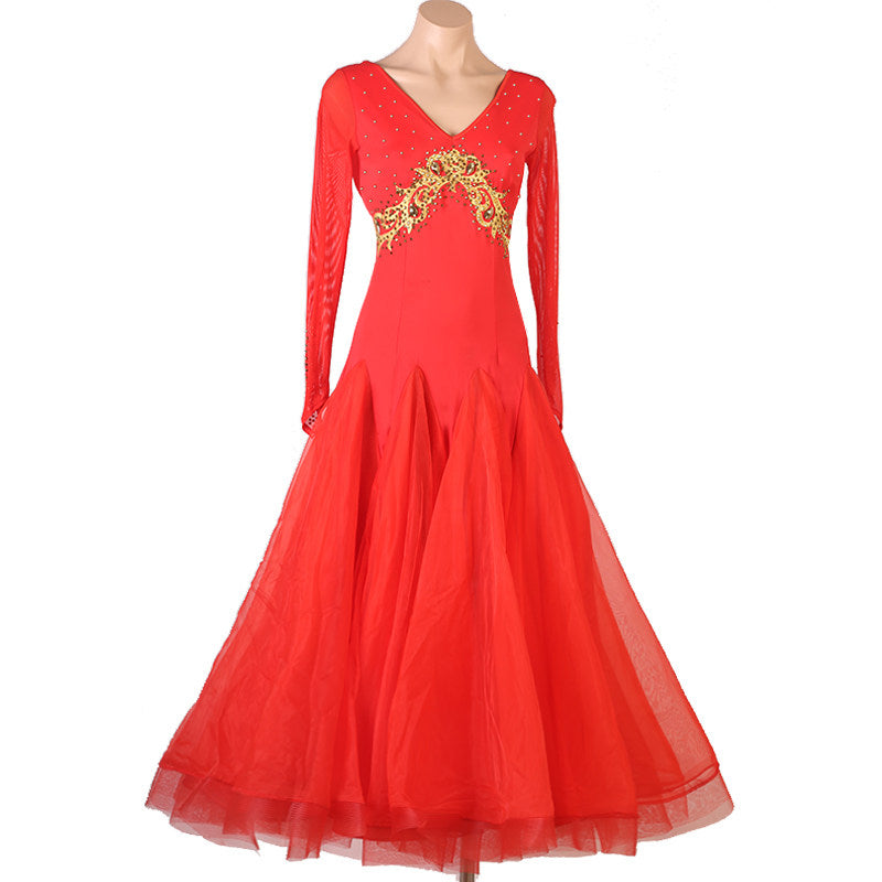 Red ballroom dance dress front view with the tulle skirt hanging