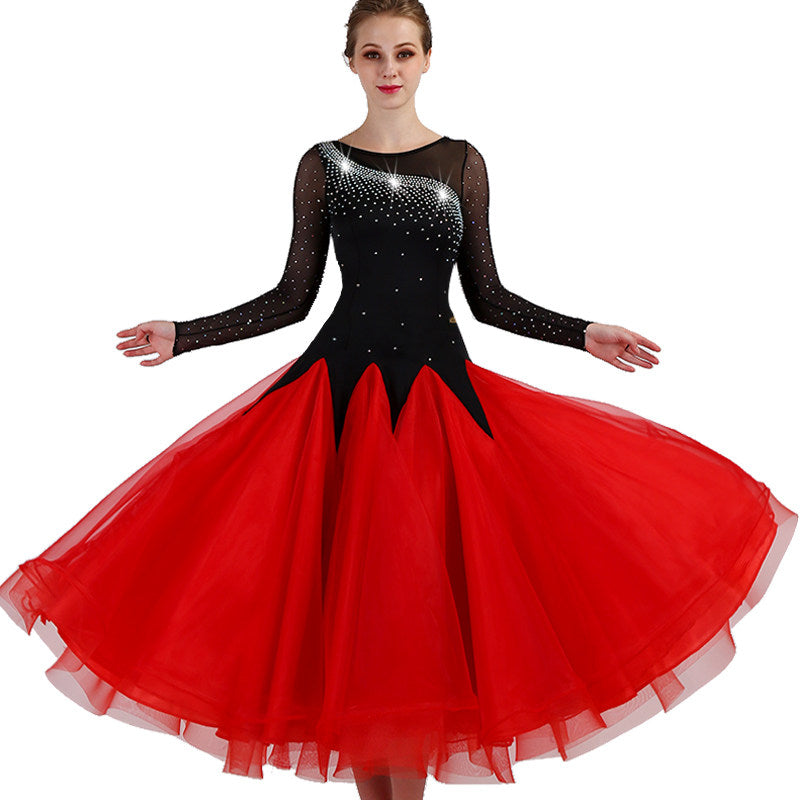 Black and red ballroom dance dress front view on a dancer