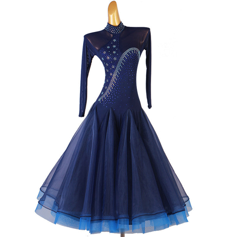 Navy ballroom dance dress with rhinestone swirl and mesh sleeves