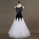 Black and white ballroom gown with one shoulder rhinestone band bodice