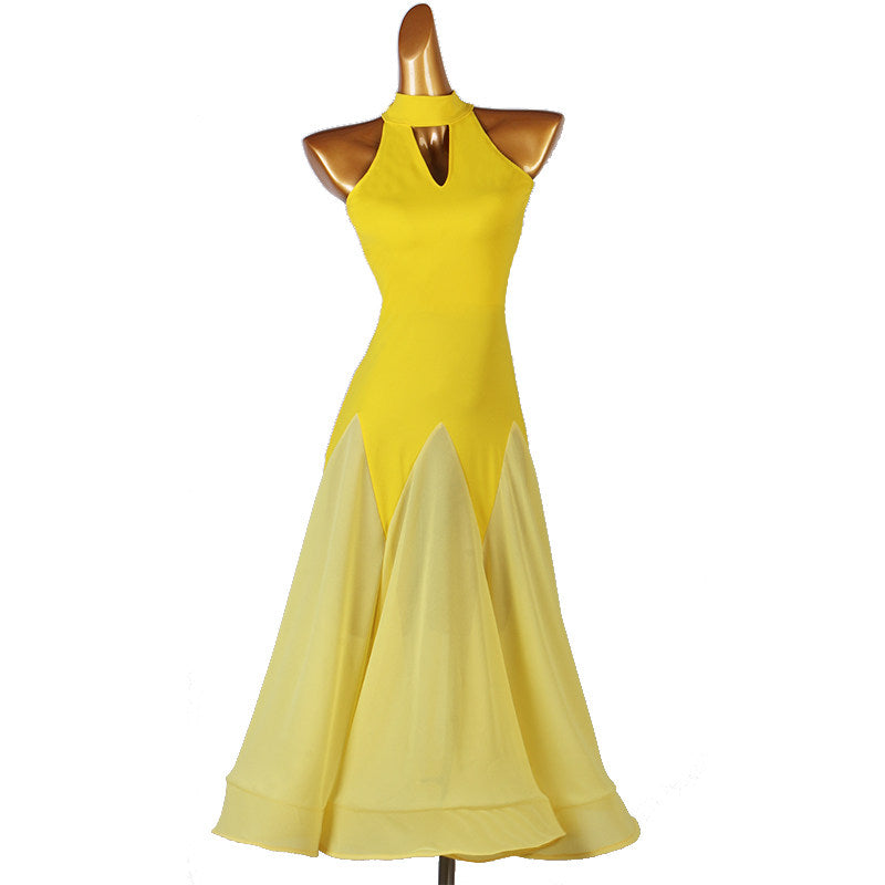 Yellow sleeveless halter ballroom dress with two tone godet panel skirt