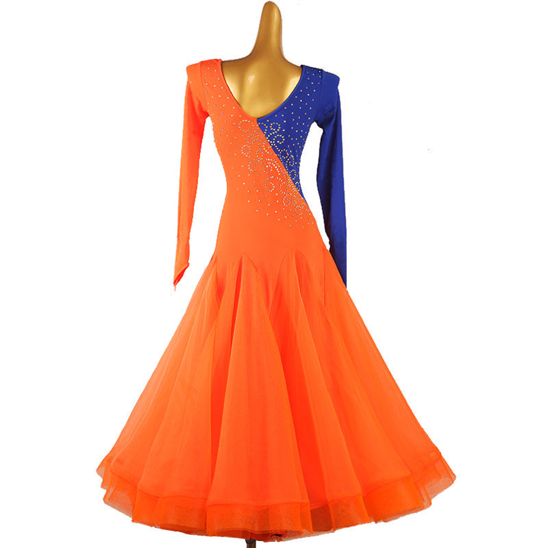 Back view of the orange colour block ballroom dress