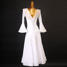White ballroom dance dress with the illusion mesh neckline seen close