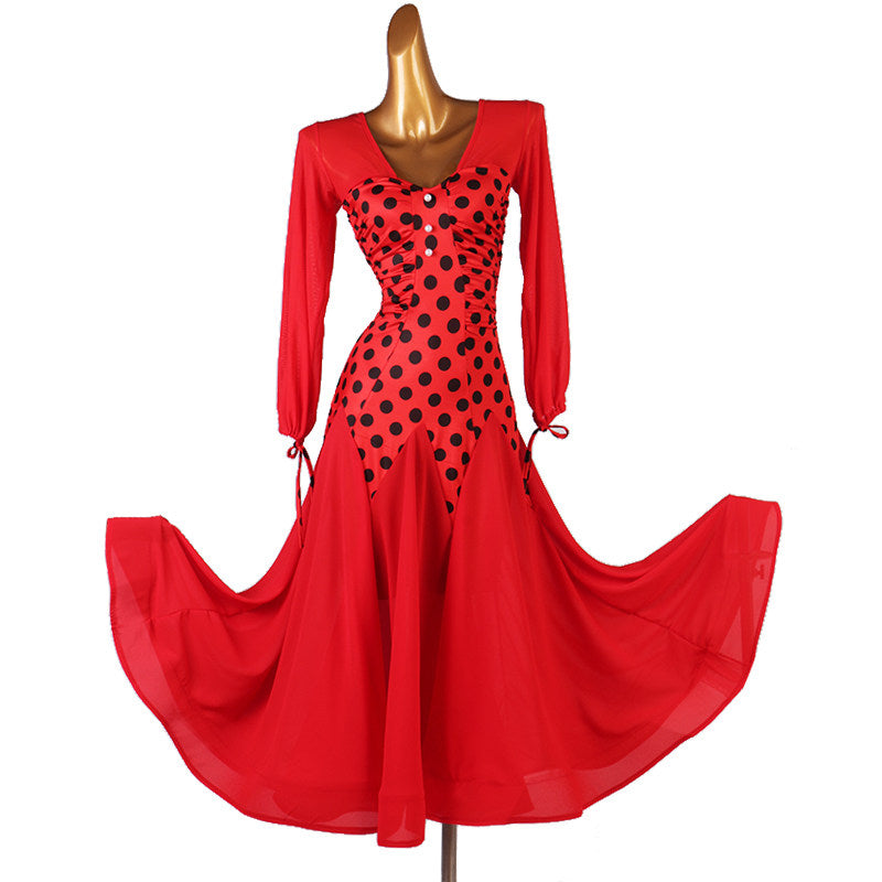 Red polka dot dance dress with both sides of the chiffon skirt lifted