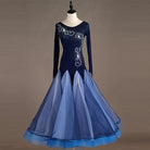 Navy ballroom dance dress on mannequin with beaded velvet bodice