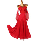 Red cold shoulder ballroom practice dress with flared chiffon skirt