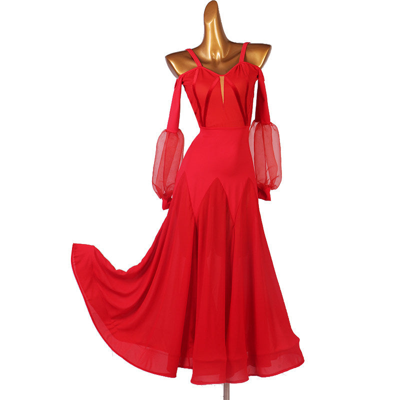 Red cold shoulder ballroom practice dress with flared chiffon skirt