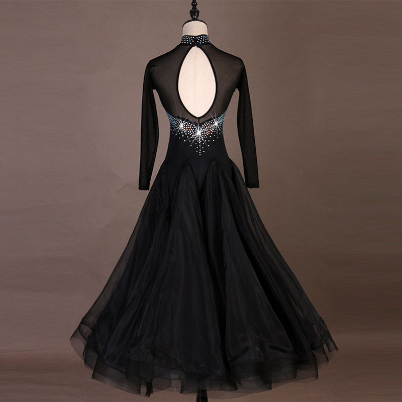 Black ballroom dress back view showing the teardrop keyhole opening