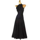 Black rosette shoulder ballroom dress front view with the chiffon skirt