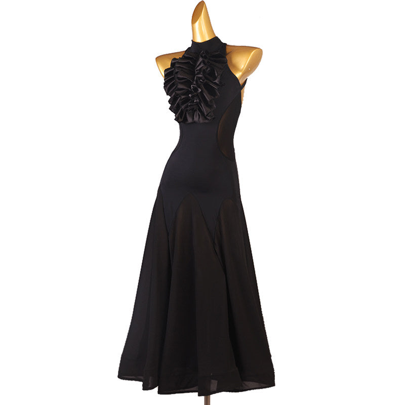 Black rosette shoulder ballroom dress front view with the chiffon skirt
