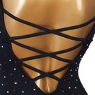 Close up of the criss-cross strap open back and rhinestone edging