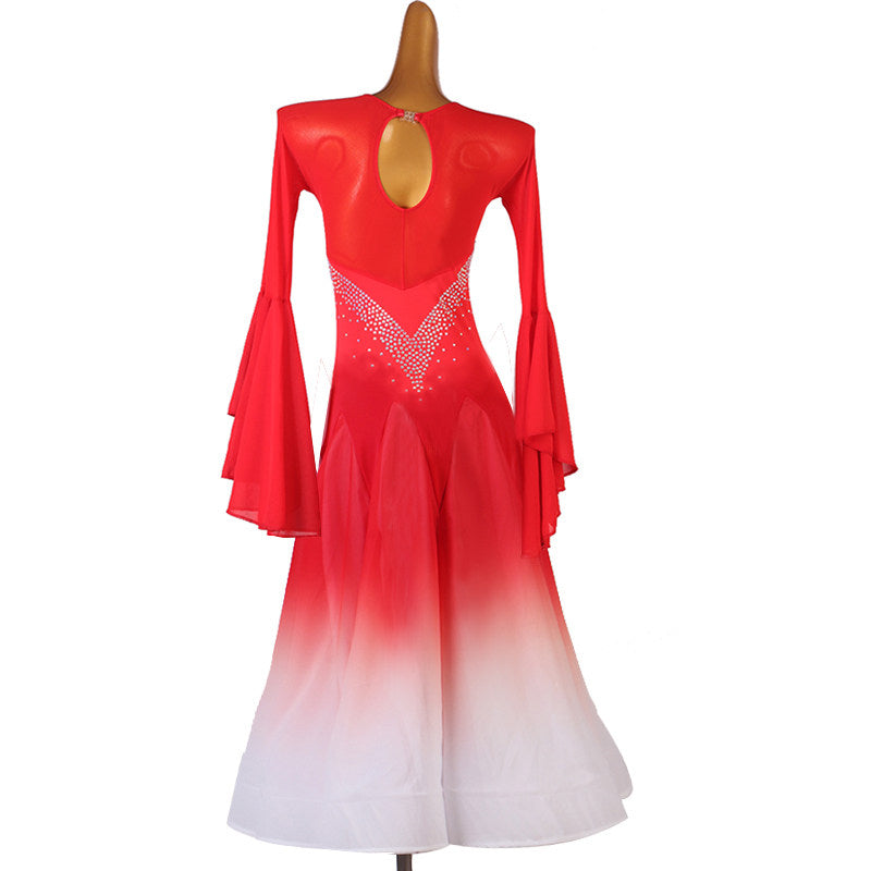 Red and white ombre ballroom competition dress on the mannequin