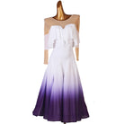 Ballroom dance dress with ruffle collar and purple ombre skirt on mannequin