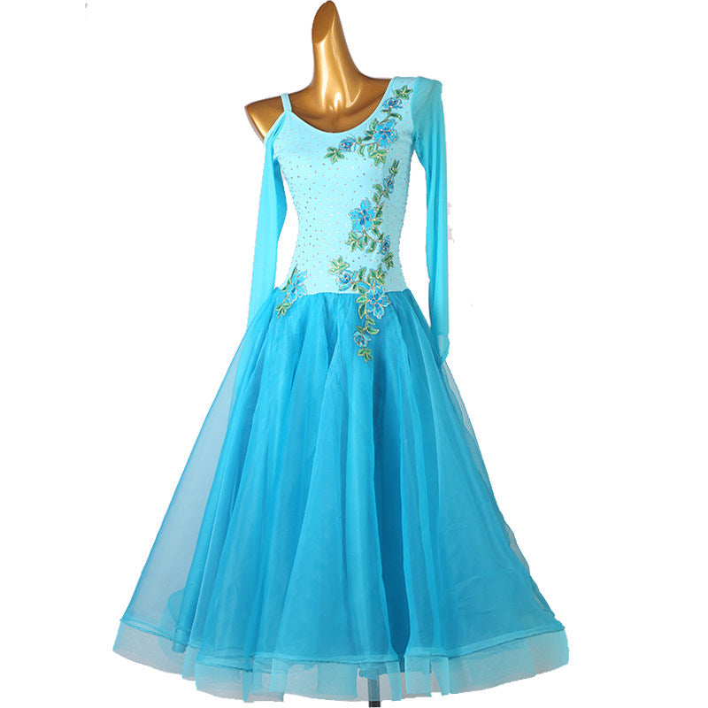 Turquoise rose embroidered ballroom dress with the organza skirt hanging