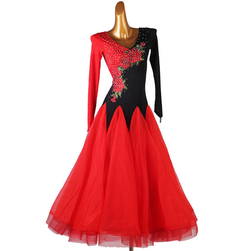 Rose embroidered ballroom dance dress front view with the tulle skirt spread