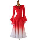 Red ballroom dance dress with lace-up V neck and red to white chevron skirt