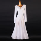 White ballroom dress front view with the godet skirt falling straight