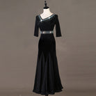 Black satin ballroom gown standing front view with godet skirt