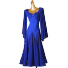 Royal blue ballroom dress front view with the flare sleeves hanging