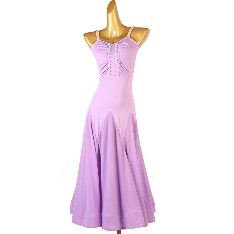 Lilac ballroom practice dress front view with the godet skirt hanging