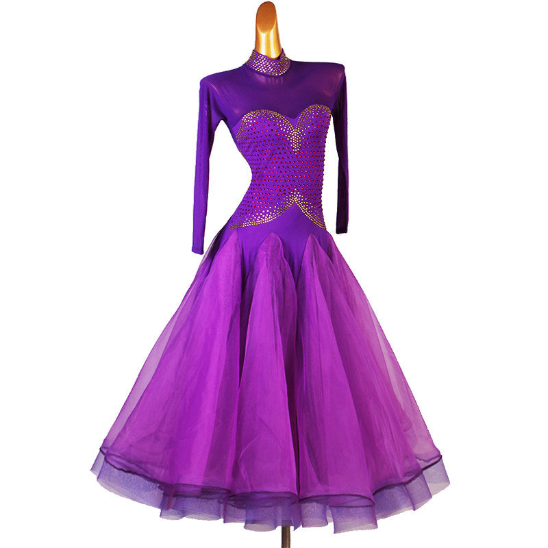 Purple studded ballroom dance dress front view with the organza skirt hanging