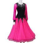 Fuchsia ballroom gown showing gathered bishop sleeve cuffs