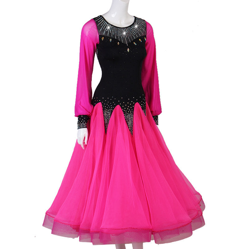 Fuchsia ballroom gown showing gathered bishop sleeve cuffs