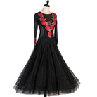 Black ballroom dance dress three quarter view with full tulle skirt